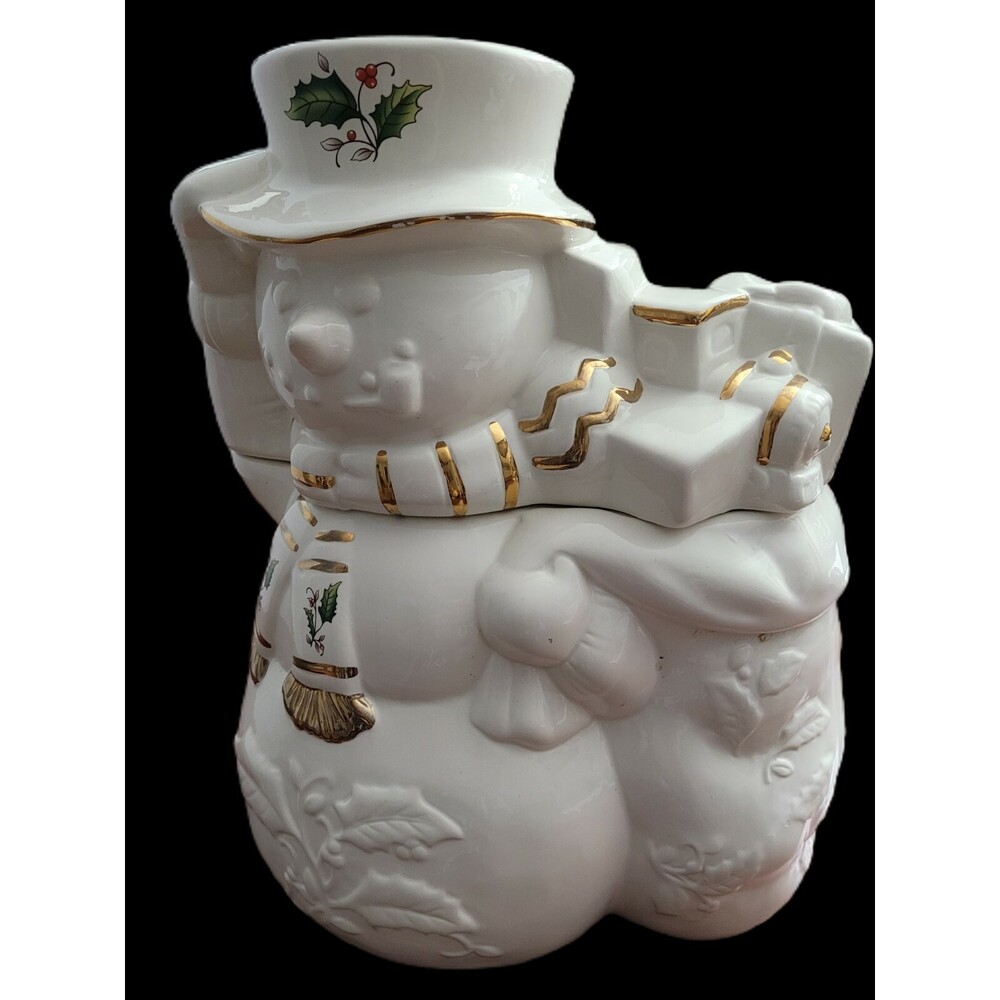 12" Christmas Holiday Snowman Cookie Jar Ceramic Gold Accents Santa Bag Gift